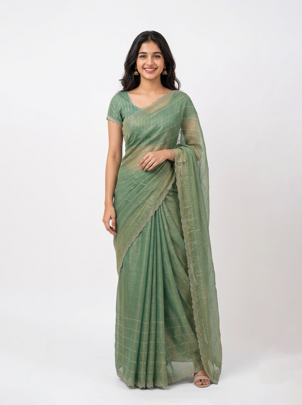 Organza Pastel Green Ombre Stone Stripe Designer Saree