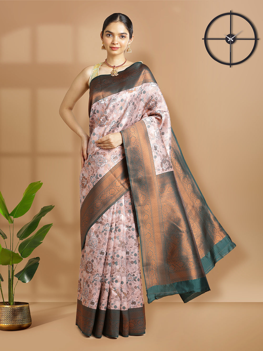 Light Peach With Copper Tissue Saree With Floral Design And Bottle Green Border