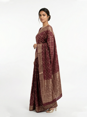 Banarasi  Wine Traditional Motif Weaving Saree
