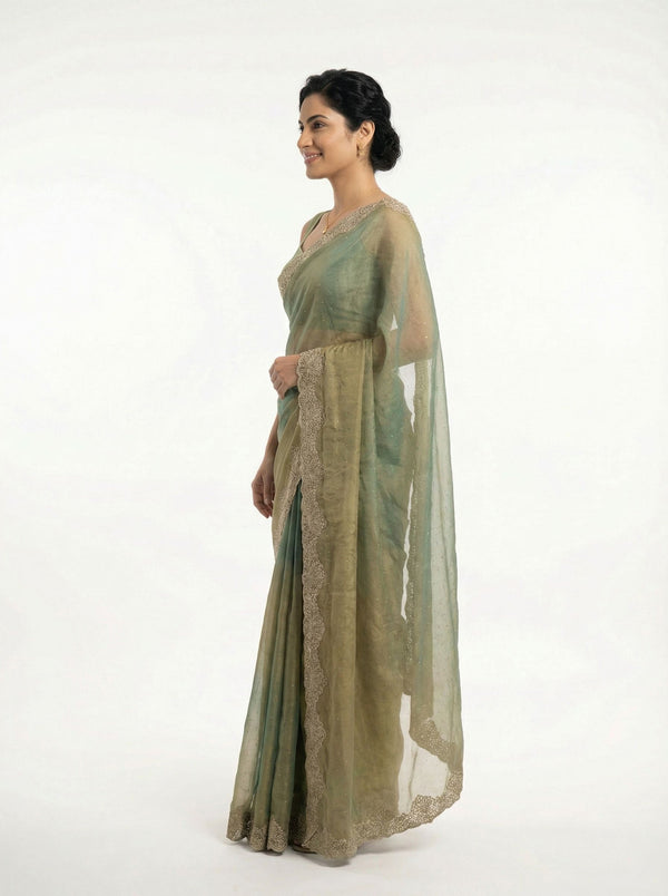 Shimmer Organza Olive Green Plain Designer Saree with Decorated Border