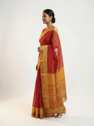 Chanderi Cotton Red Checked Saree With Zari Border