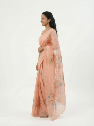 Organza Soft Peach Embroidered Saree
