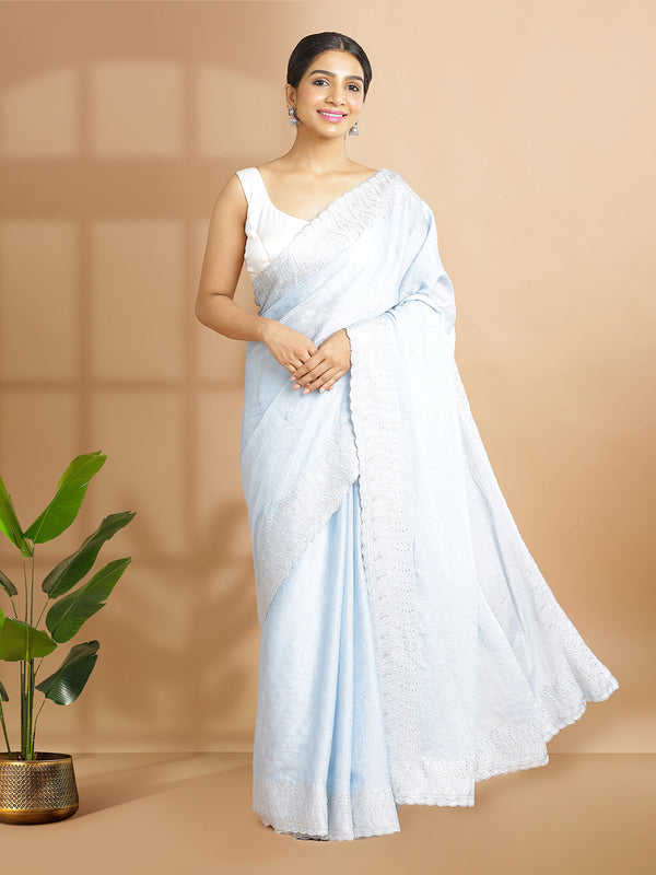 Ice Blue Color Crushed Chiffon Saree With Mini Silver Stones Over Body