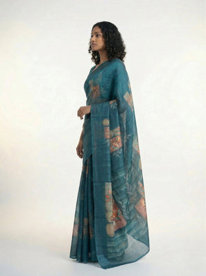 Cotton Teal Blue Floral Design Saree with Modern Print Style
