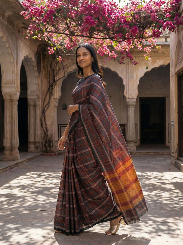 Kanjivaram Pure Silk Grey and Maroon Checked Saree with Mustard Zari Border