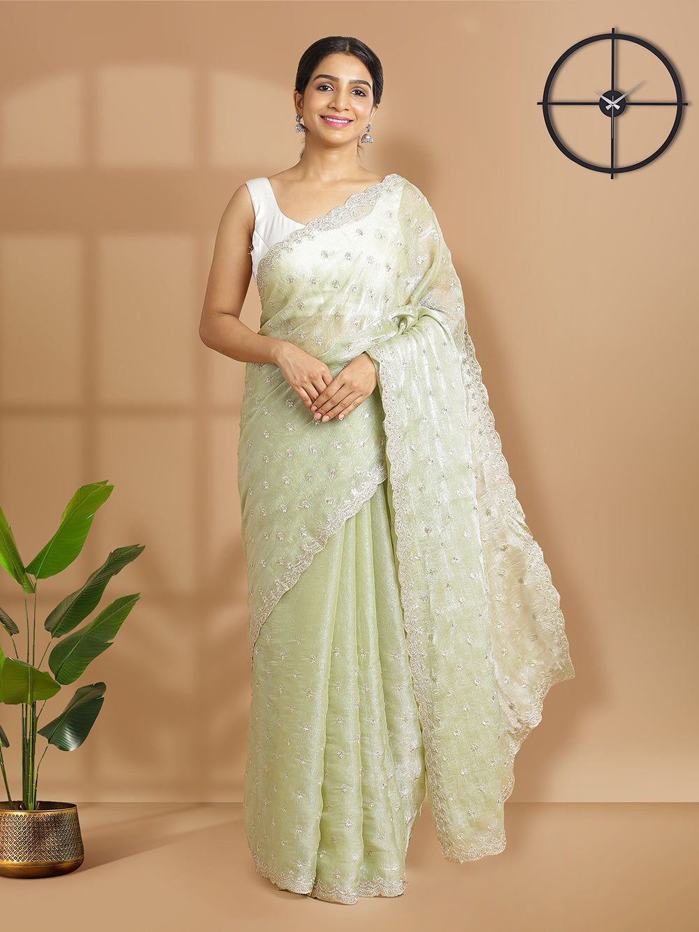 Pista Green Viscose Organza Saree With Thread Buttas And Stone Work Over Body