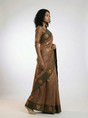 Art Silk Brown Butta Design Saree with Contrast Olive Border