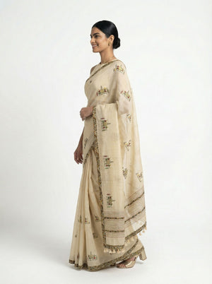 Chanderi Cotton Off White & Multicolor Floral Motif Pattern Saree