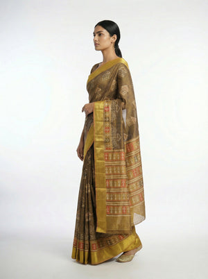 Chanderi Cotton Olive Brown Saree with Ethnic Printed Patterns for Festive Wear