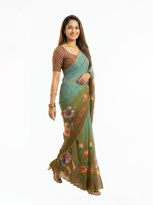 Chiffon Teal Brown Ombre Floral Printed Designer Saree