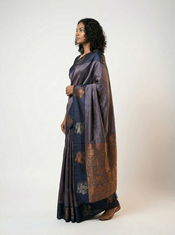 Art Silk Blue Saree with Classic Floral Butta Prints and Designer Pallu