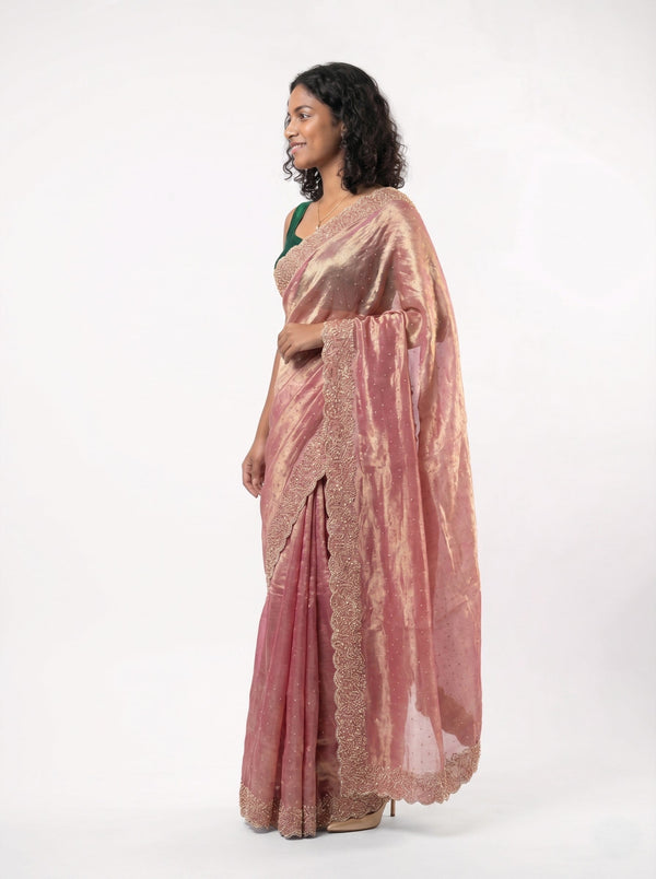 Organza Blush Pink Beads Work Scalloped Designer Saree