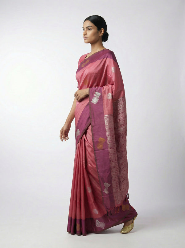Art Silk Pink Traditional Butta Design Saree with Woven Border