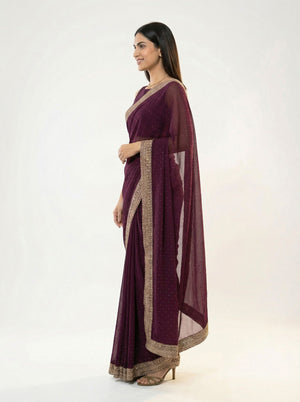 Georgette Wine Purple Zari Embellished Designer Saree