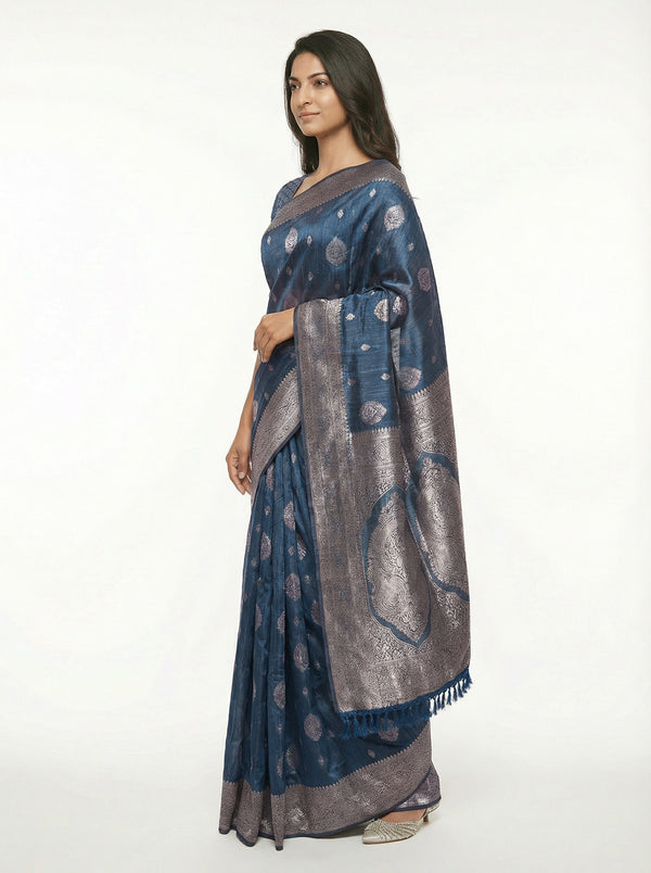Semi Silk Traditional Peacock Blue Saree with Banarasi Border & Buttas