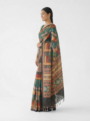 Chanderi Cotton Teal Abstract Geometric Saree