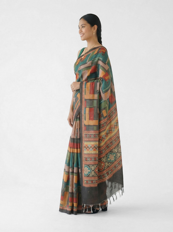 Chanderi Cotton Teal Abstract Geometric Saree