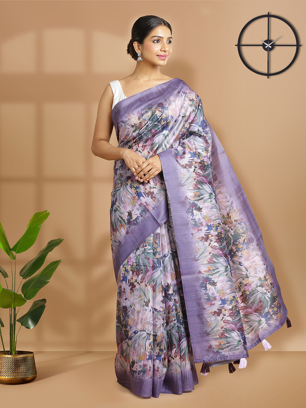 Dark Lavender Color Semi Silk Tusser Saree With Floral Print Design Over Body