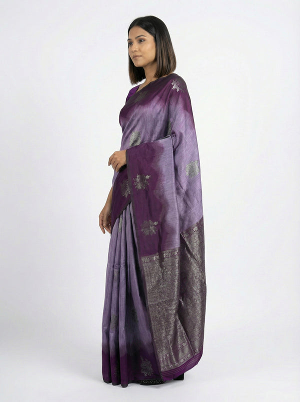 Semi Silk Women’s Lavender Saree with Contrast Wine Blouse
