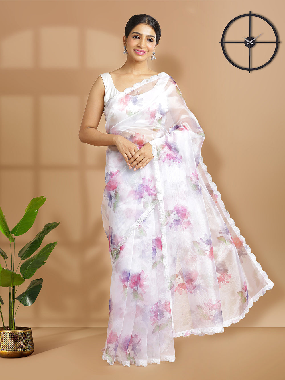 White Color Organza Saree With Multi Color Floral Print Over Body