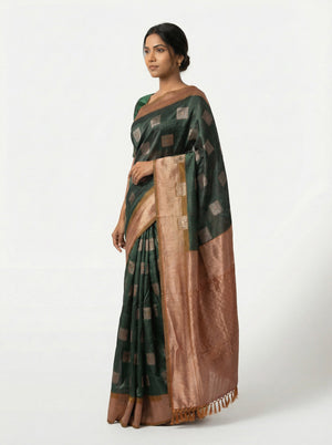 Semi Silk Elegant Bottle Green Saree with Modern Box Pattern