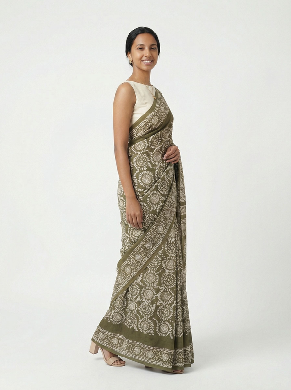 Chanderi Cotton Olive Green Floral Printed Saree