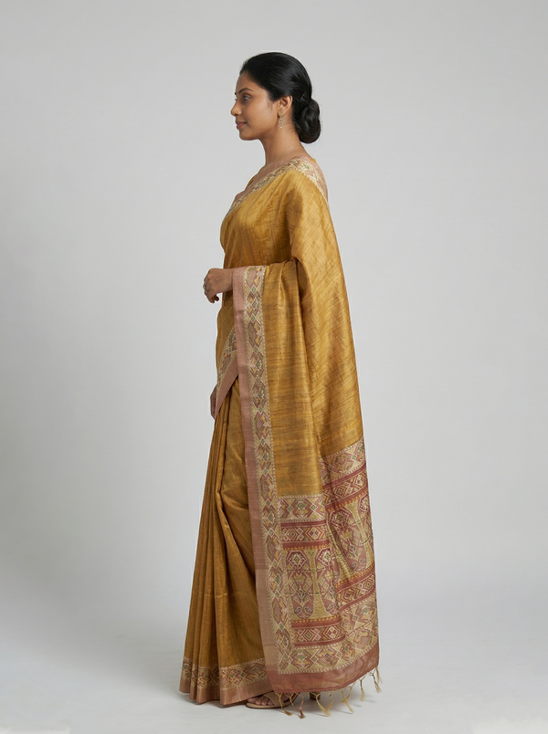 Semi Jute Mustard Yellow Ikat Border Saree