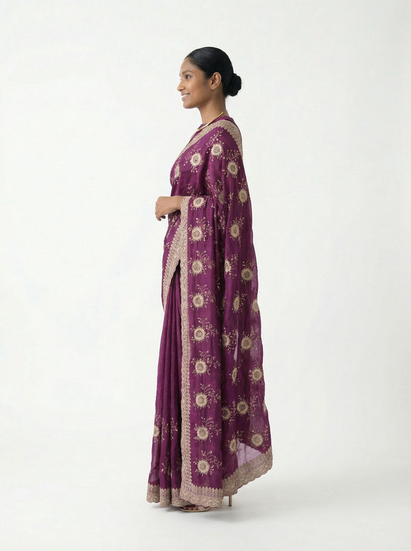 Vijithra Silk Violet Floral Embroidery Saree
