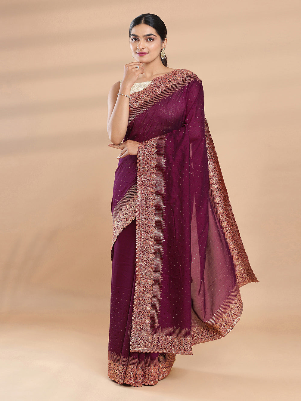 Wine Color Vijithra Silk Saree With Mini Stone Work On Body & Embroidery On Border