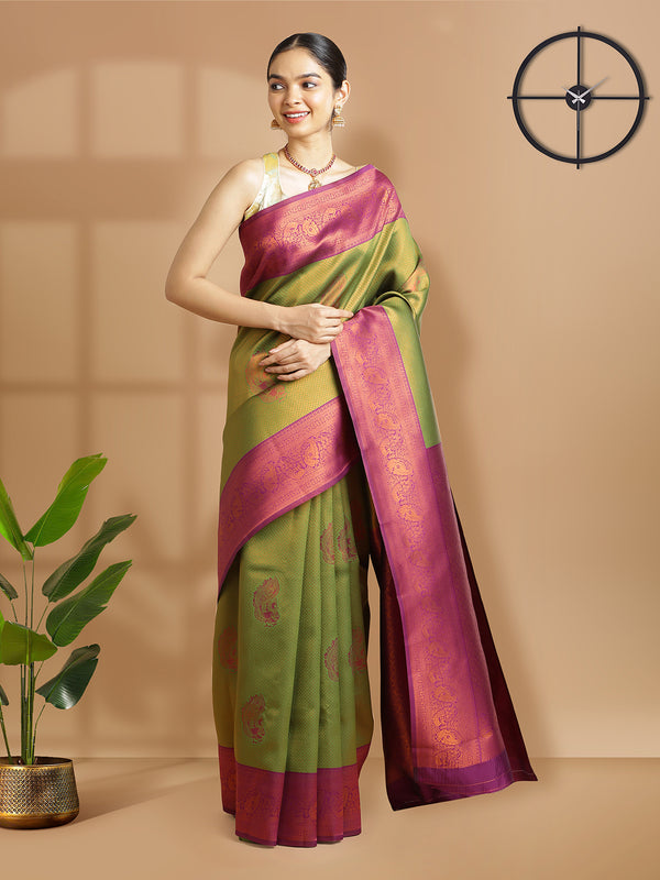 Parrot Green Art Silk Saree With Copper Thread Work Over Body And Purple Border
