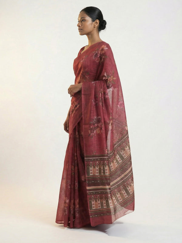 Cotton Saree in Deep Rose Pink with Floral Print and Ethnic Pallu