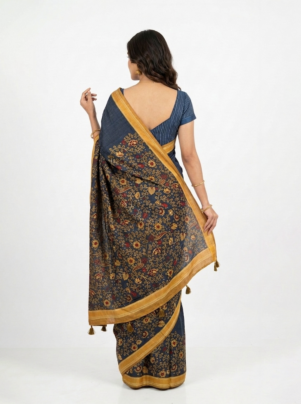 Chanderi Silk  Navy Blue Floral Border Saree