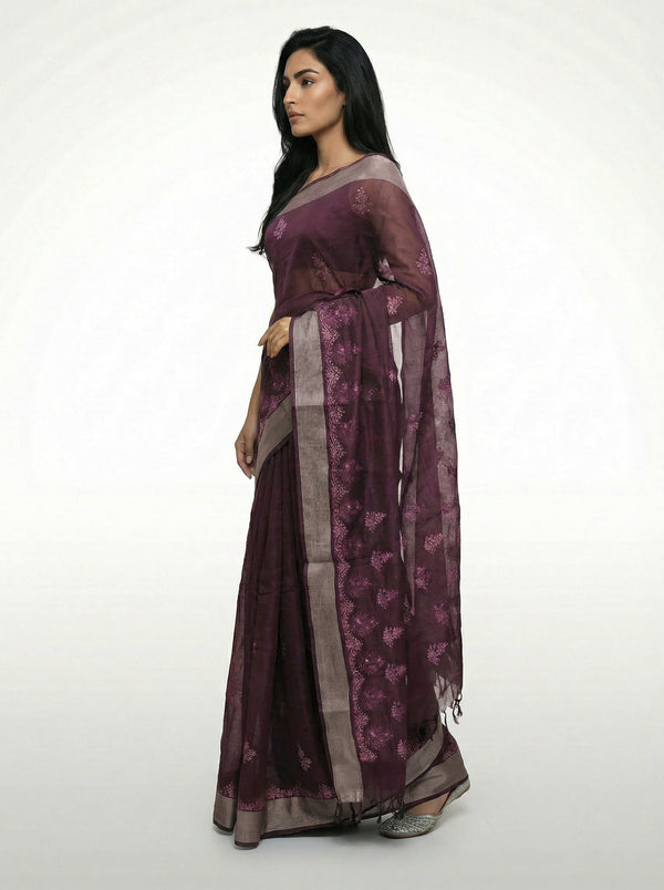 Chanderi Cotton Wine  Saree with Zari Border and Floral Butti Work