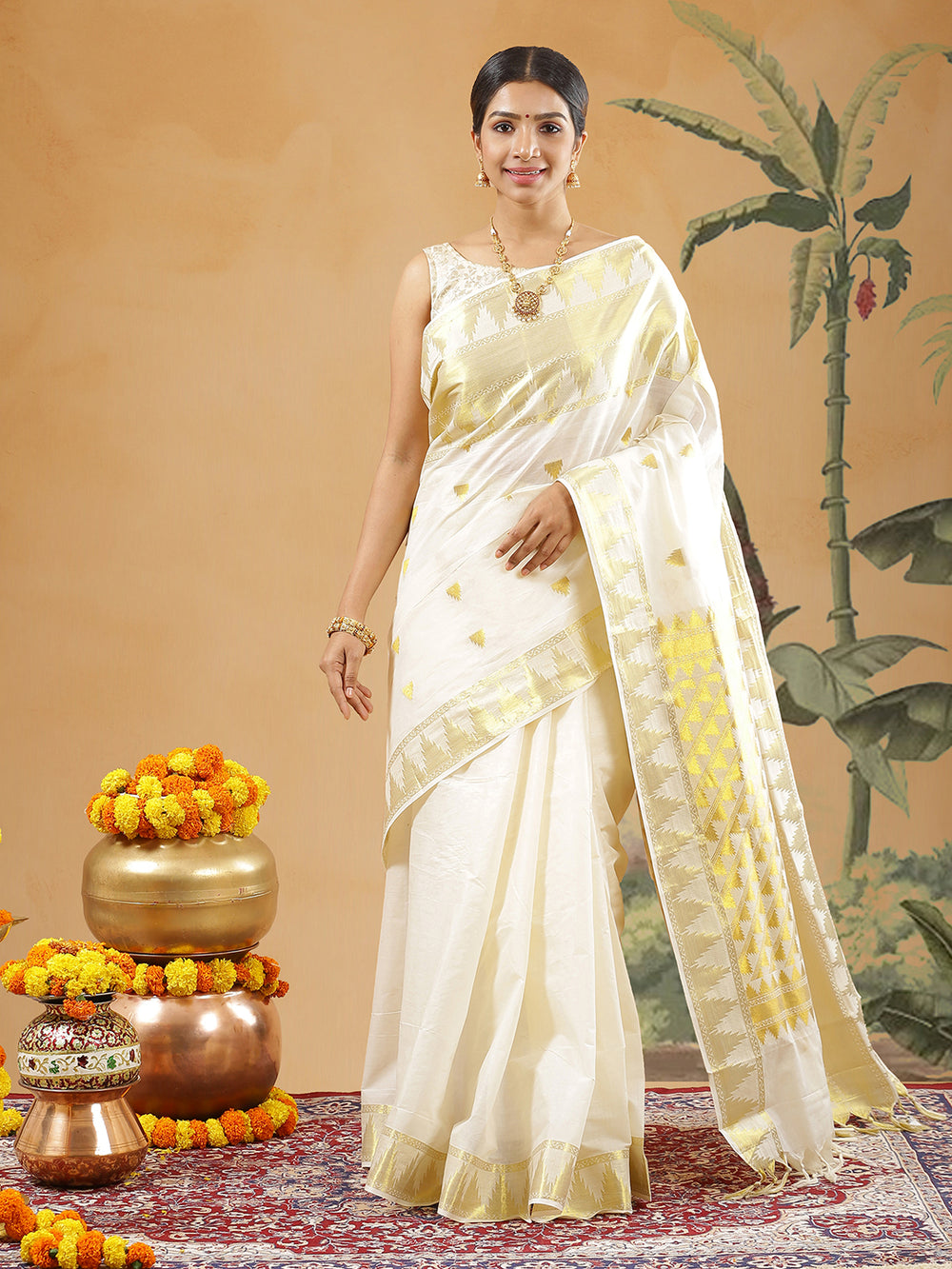Off White Color Cotton Temple Designed Set Saree With Temple Designed Buttas