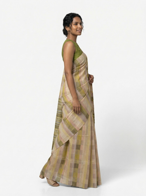 Chanderi Cotton Olive Beige Checked Saree