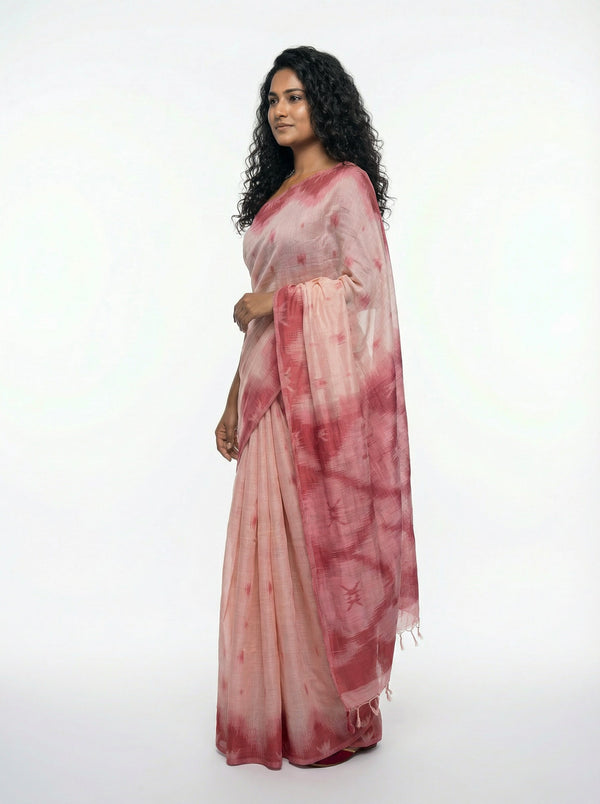 Semi Chanderi Light Salmon  Saree with Zig Zag Border & Grapefruit Pink Blouse