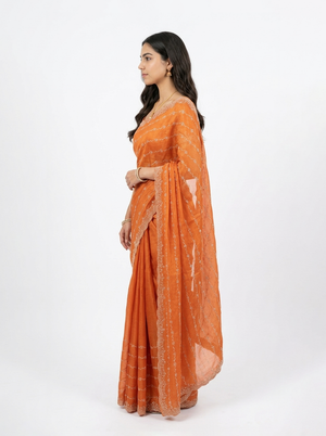 Organza Rust Orange Wave Pattern Stone Work  Designer Saree