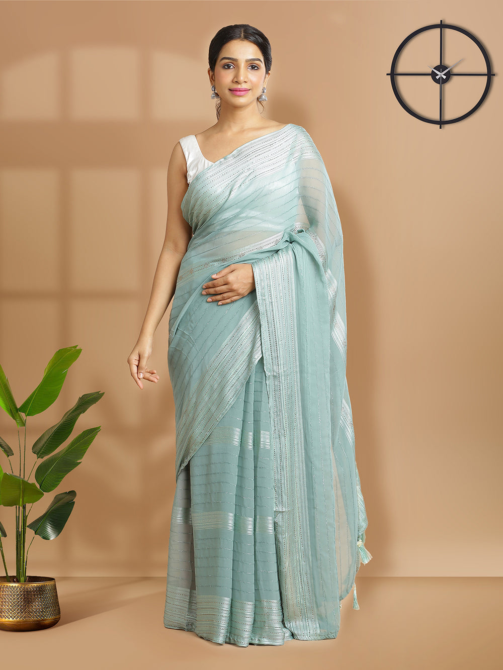 Pastel Green Chiffon Saree With Self Color Fur Stripes Over Body