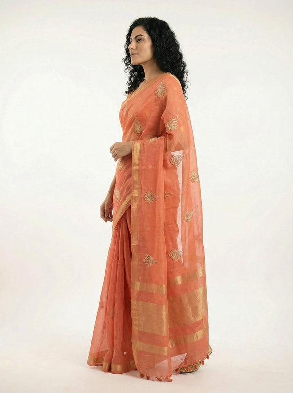 Chanderi Cotton Peach Orange Saree with Zari Border and Floral Butti Work