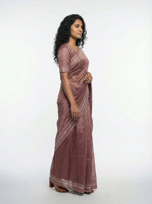 Shimmer Organza  Brown  Saree with Plain Border Blouse