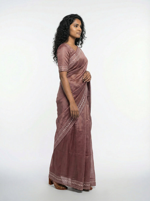 Shimmer Organza  Brown  Saree with Plain Border Blouse
