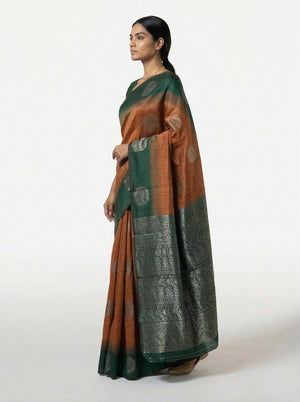 Art Silk Rust Brown & Green Zari Butta Saree with Contrast Border