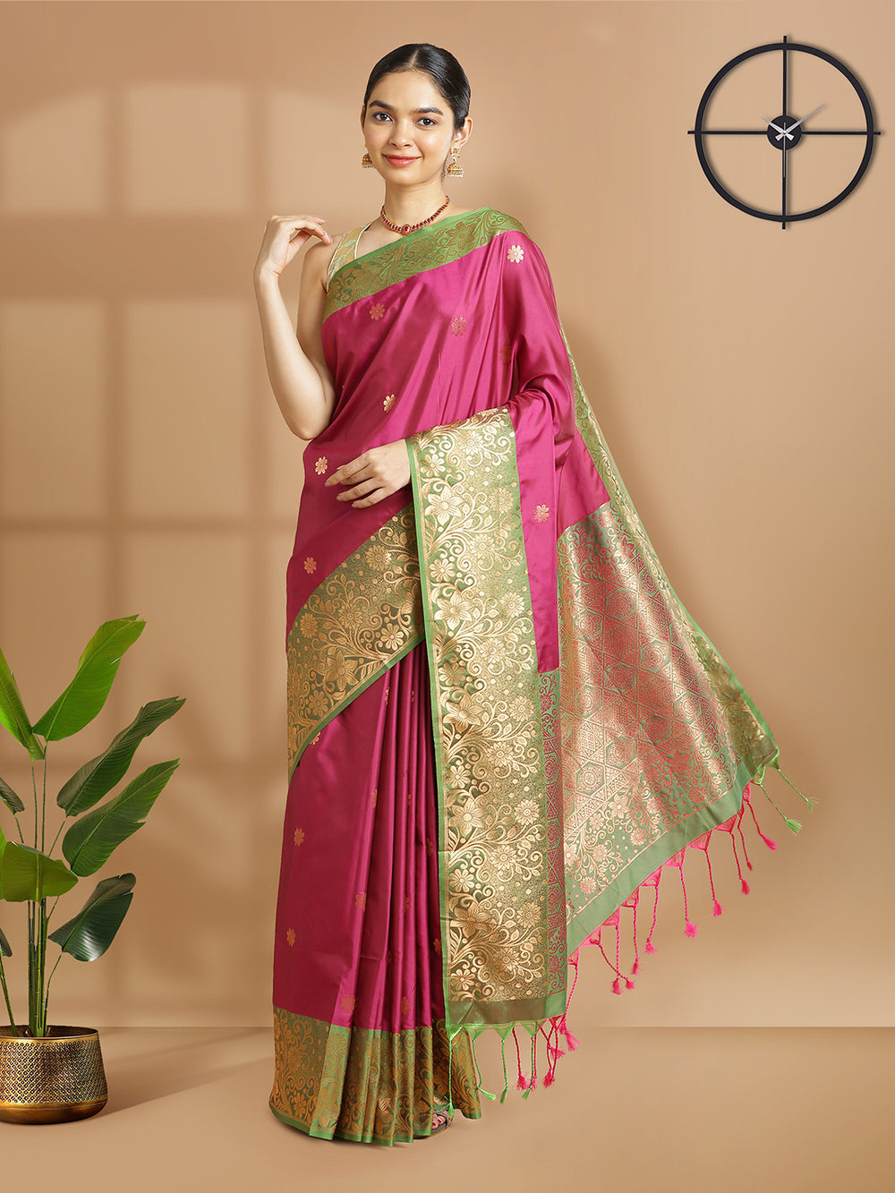 Dark Pink Butta Designed Art Silk Saree And Parrot Green Border