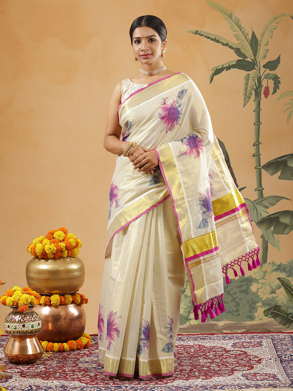 Golden Tissue Set Saree With Magenta Color Digital Floral Prints And Magenta Tassels