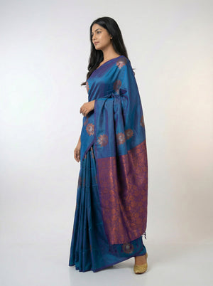Semi Silk Peacock Blue Saree with Contrast Plum Violet Blouse