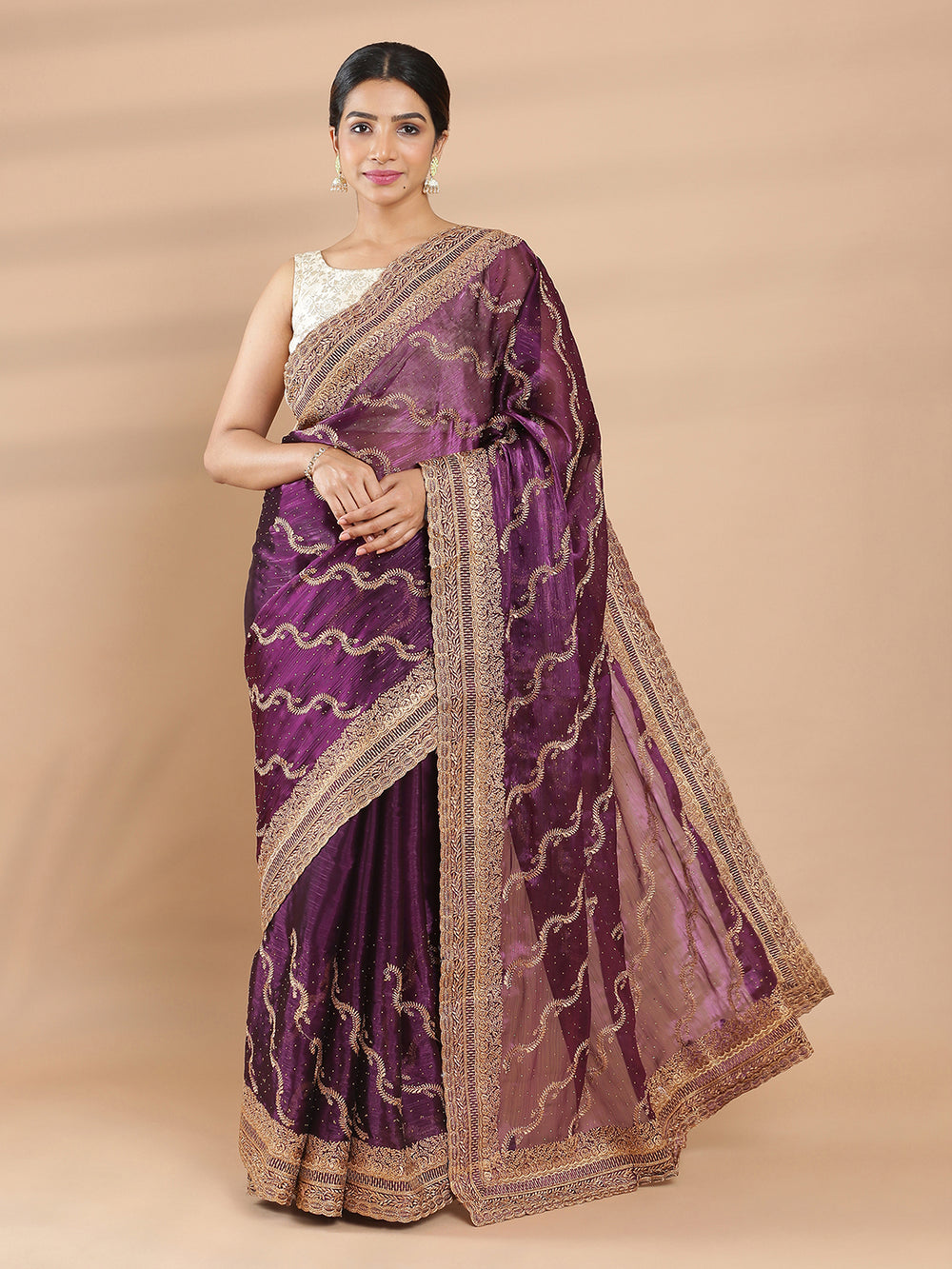 Purple Color Glass Organza Saree With Golden Embroidery Design On Body & Border