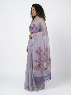 Organza Fancy Stylish Lavender Saree with Contemporary Brush Stroke Blouse