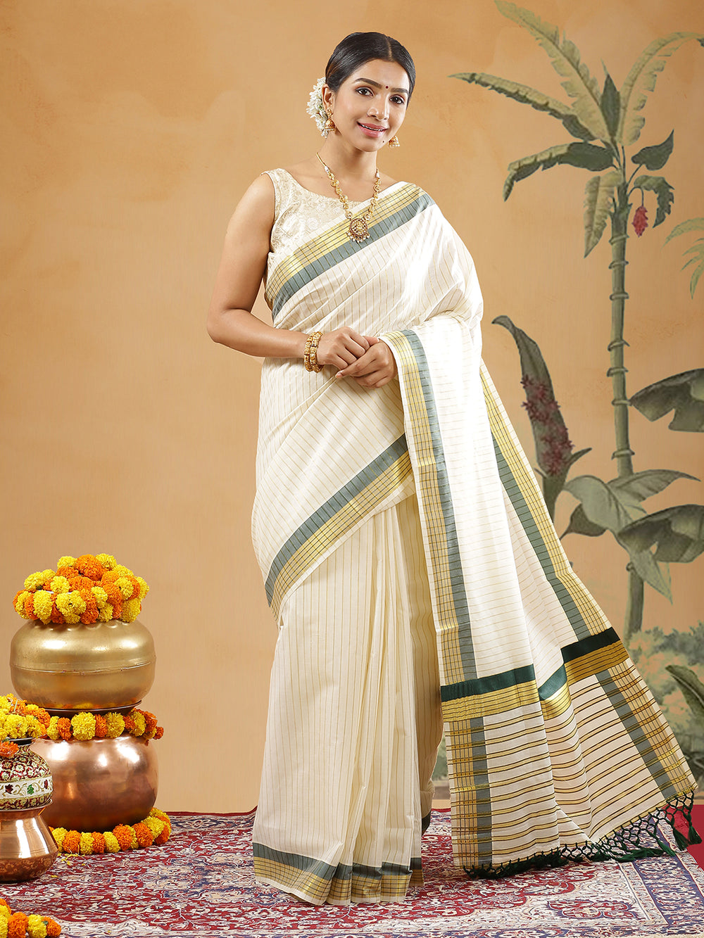 Off White Color Golden Striped Cotton Set Saree With Green And Golden Kasavu Border