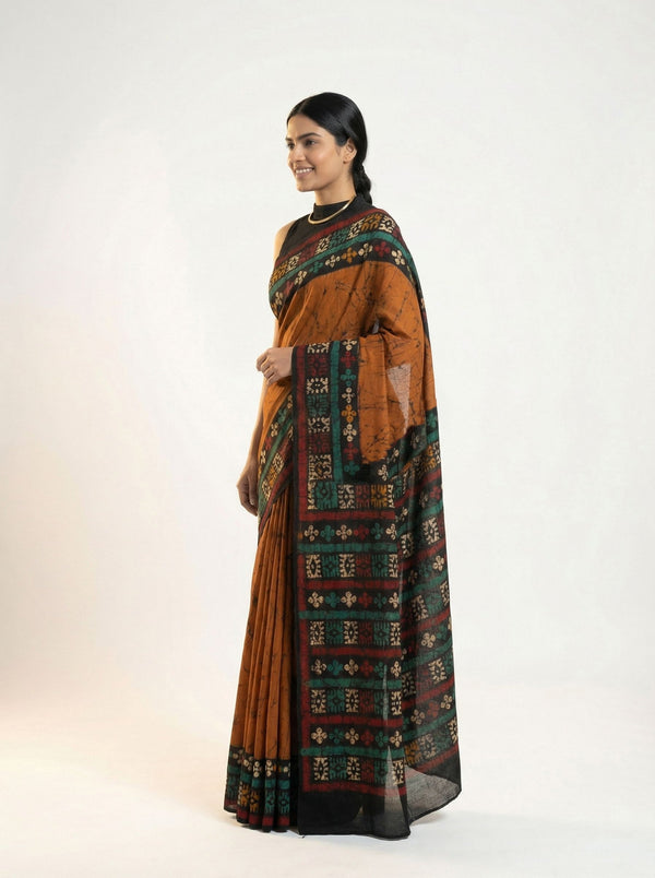 Chanderi Cotton Rust Batik Printed Saree