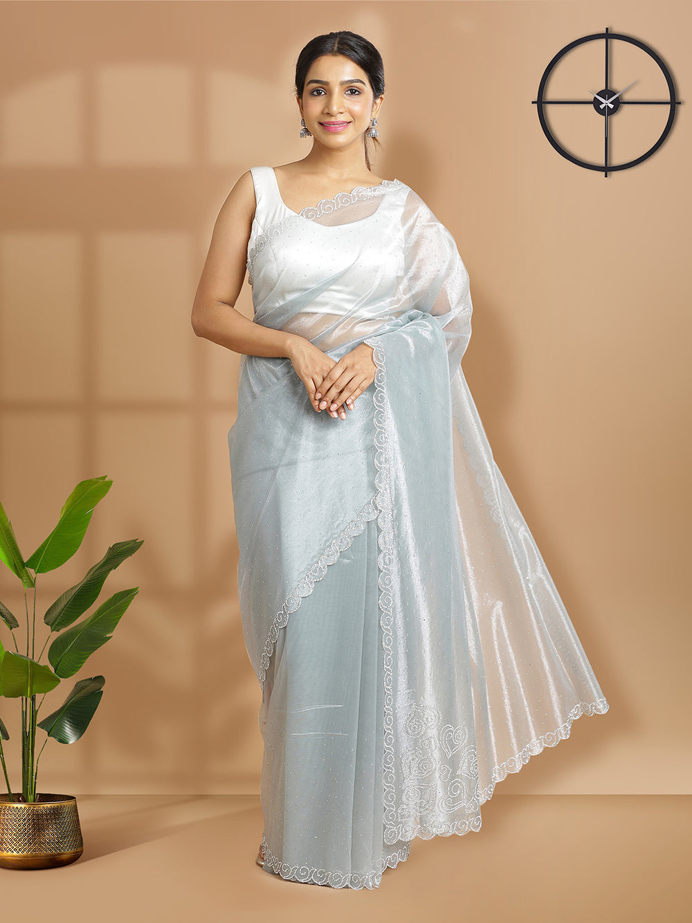 Blue Ash Color Tissue Net Saree With Mini Stones Over Body